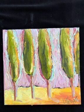“Cypress Trees Lavender Sky”Original Acrylic Painting 12”x12” on Canvas